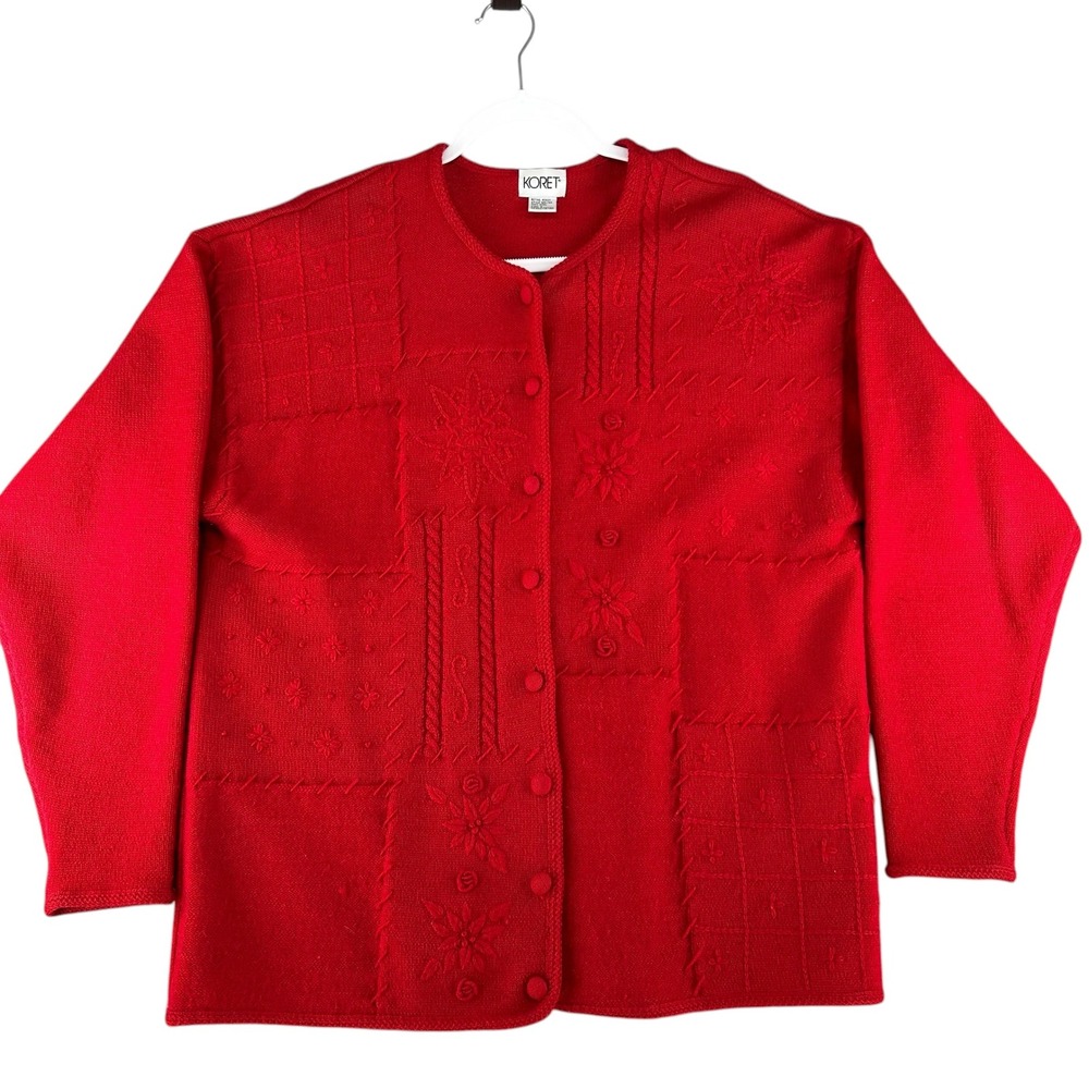 Koret‎ Red 100% Wool Cardigan Sweater Patchwork Floral Embroidered Women Large